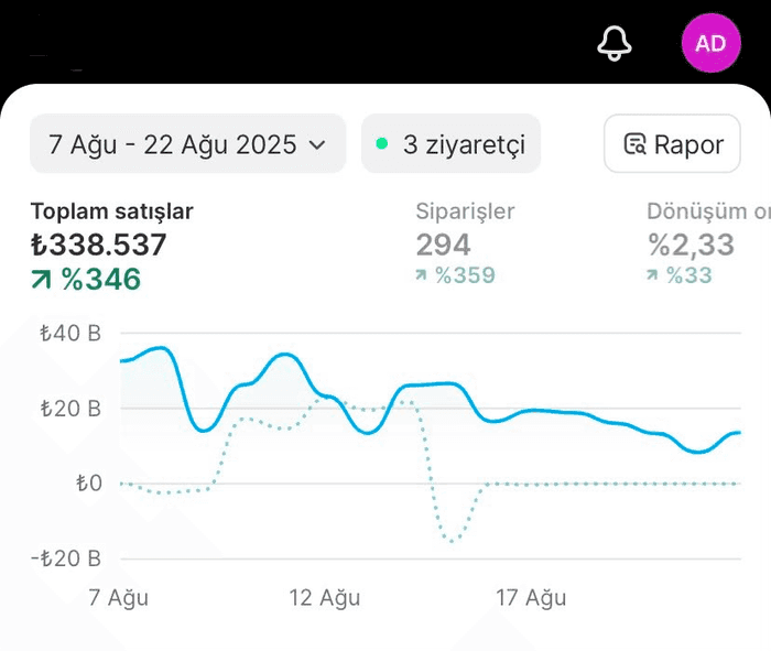 Belirli bir dönemdeki satış ve sipariş paneli görüntüsü